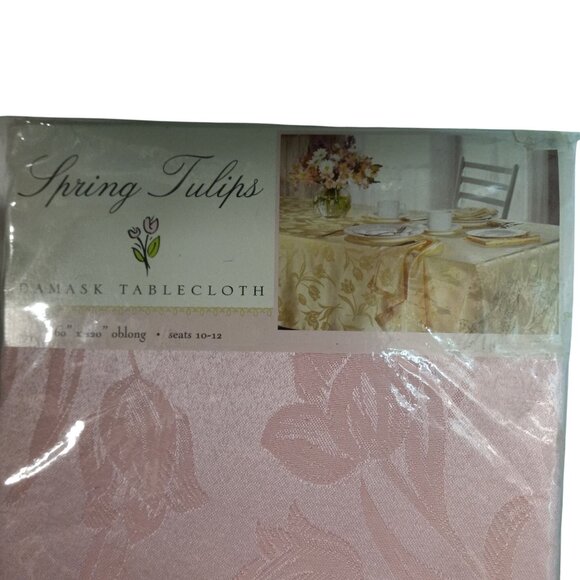 Spring Tulips Damask Tablecloth 60" X 120" Oblong Pink Seats 10-12 NEW Vintage - Picture 3 of 9